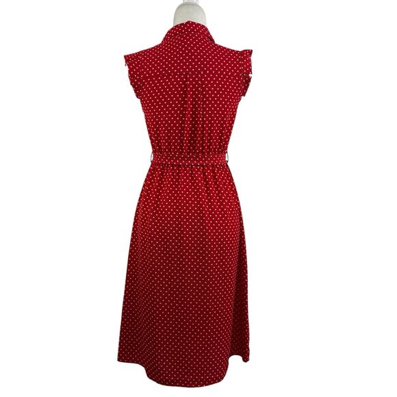 Retro Romance Polka Dot Red White Monteau Dress Small Pockets Belted Tradwife - Picture 11 of 12